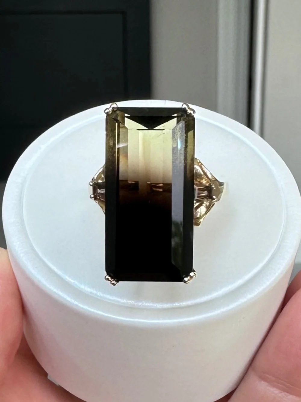 👑 MASSIVE 14k Gold 24mm Bicolor Citrine Smoky Quartz Statement Ring 🤎 Size 8.5